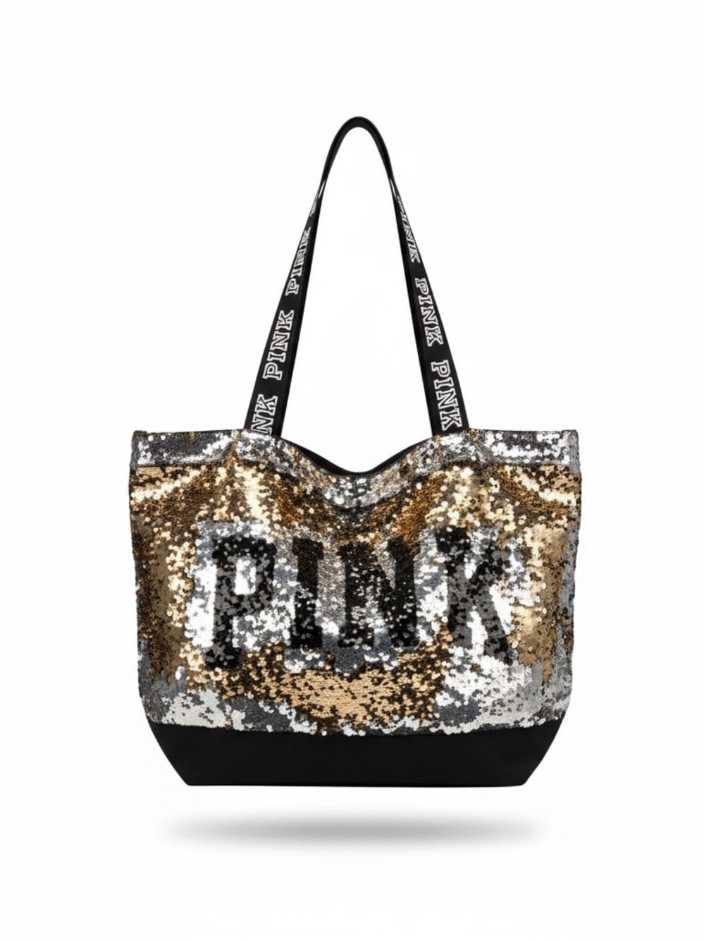 Victoria's Secret "PINK" Silver and Gold Flipped Sequins Zippered Tote Bag Black